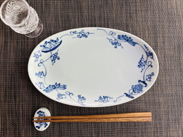 唐草異人小判幅広焼皿　